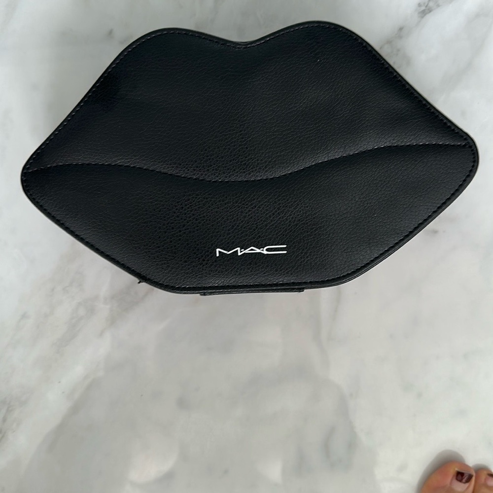 Mac Faux Leather Black Lip-Shaped Hard Clutch with Luxury Travel size Products